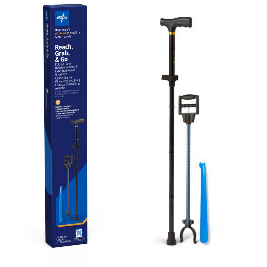 The Medline Reach, Grab and Go Kit for Caregivers includes a black adjustable cane with handle, an ergonomic reacher grabber tool, and a blue long-handled shoehorn, all displayed upright against a white background.